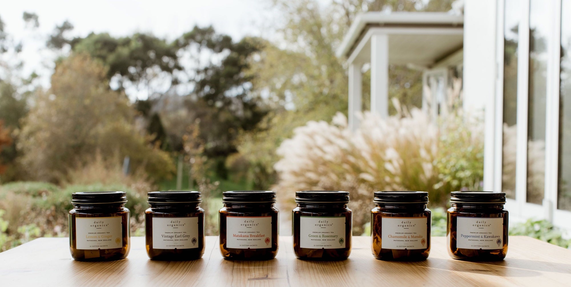 Daily Organics tea range. Matakana breakfast. Vintage Earl grey. Green & Rosemary. Chamomile & Manuka.  Peppermint & Kawakawa. Lemongrass & Ginger